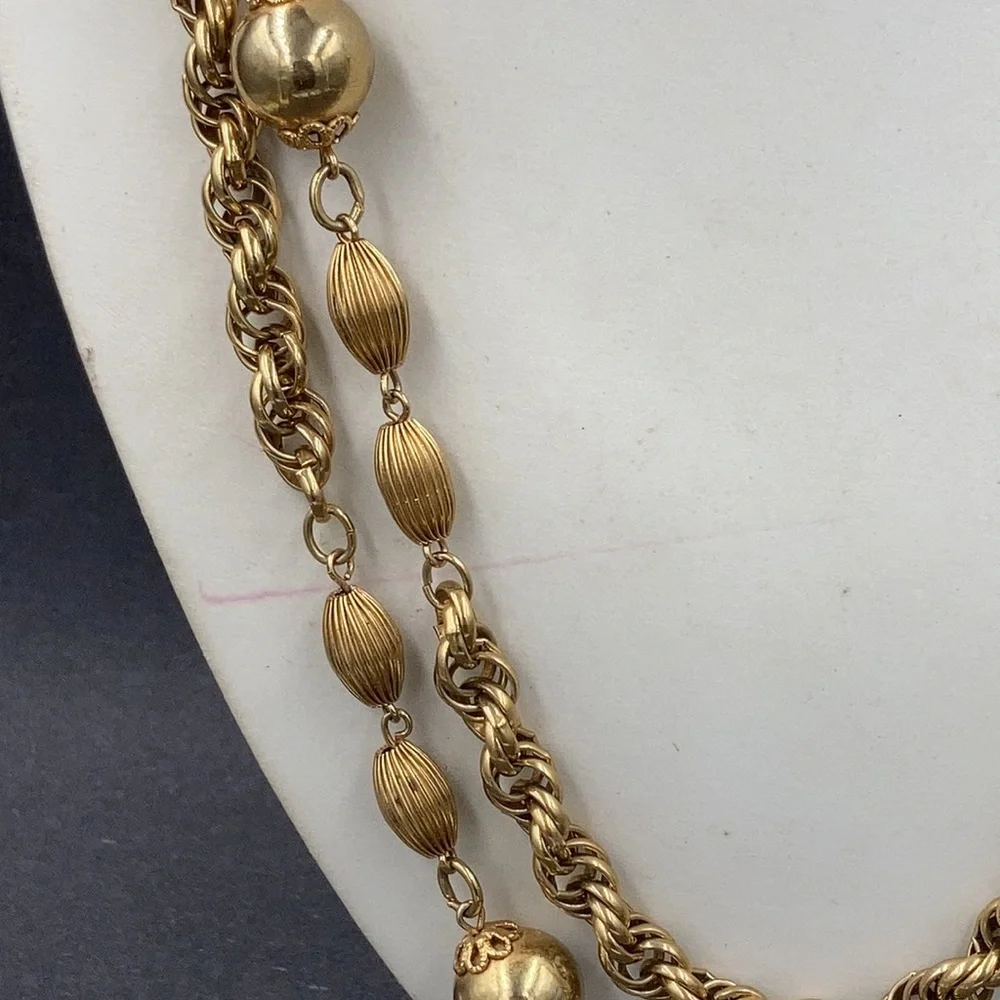 Flirty Long Vintage Gold Bead and Chain Necklace